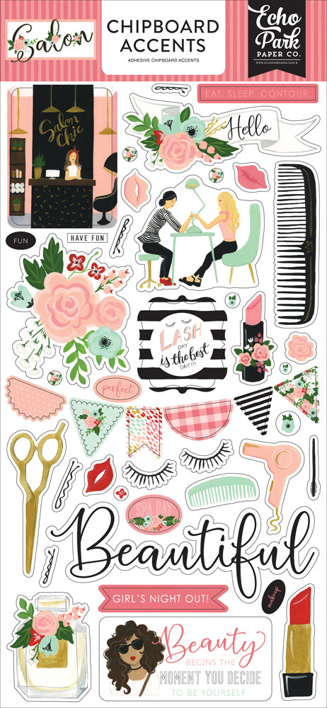 Echo Park 6"x12" SALON CHIPBOARD Accents Sticker 45pc Scrapbooksrus
