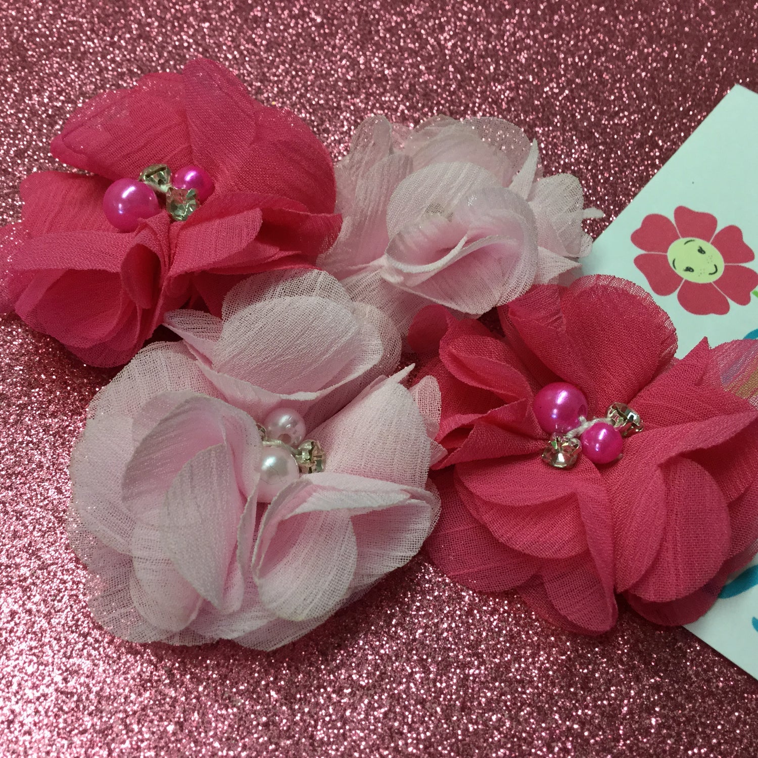 Chiffon Fabric Flowers MIXED with Pearl & Rhinestone Centers 4pc Scrapbooksrus