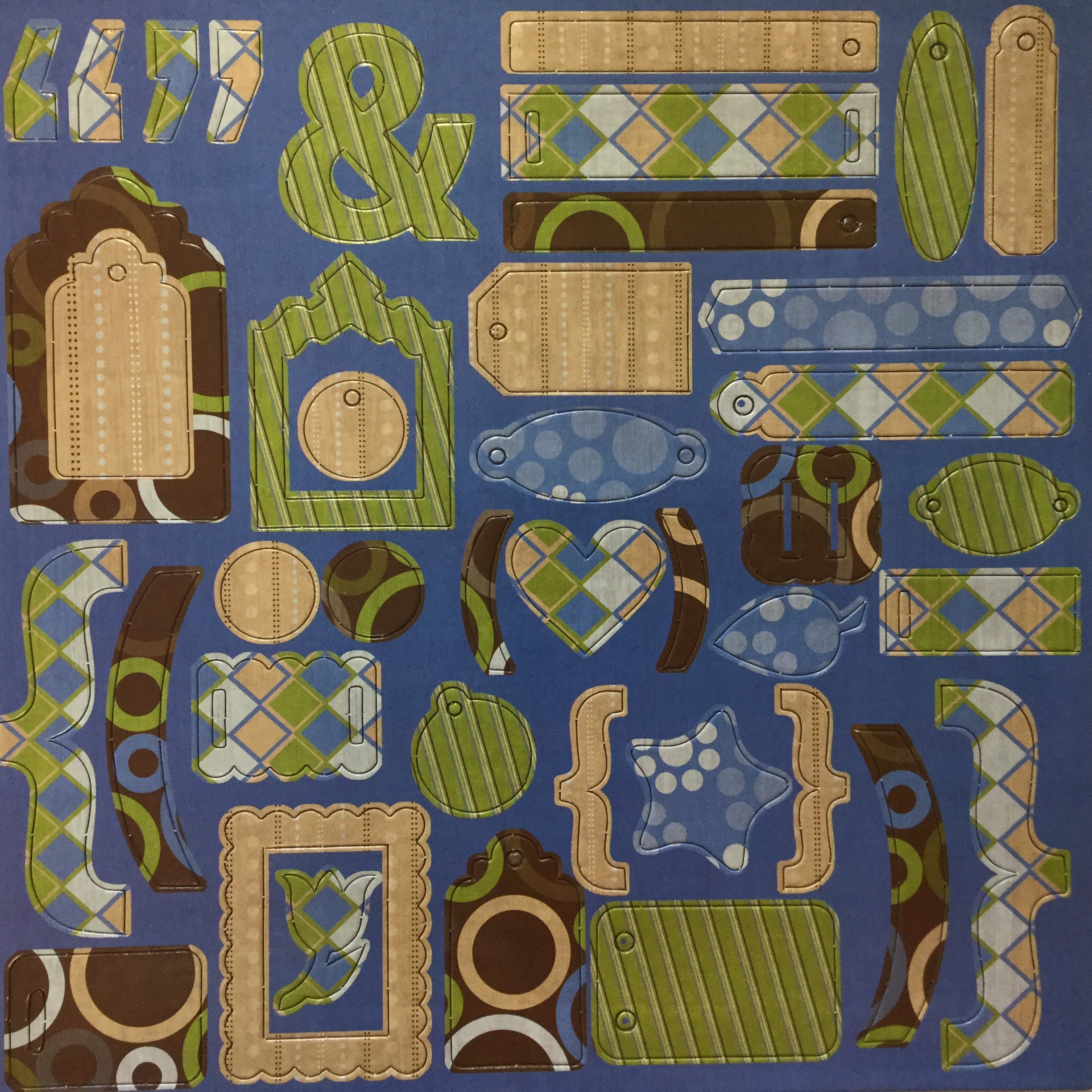 Retro Masculine Chipboard Charm Brackets & Labels 12” x 12” Sheet Scrapbooksrus