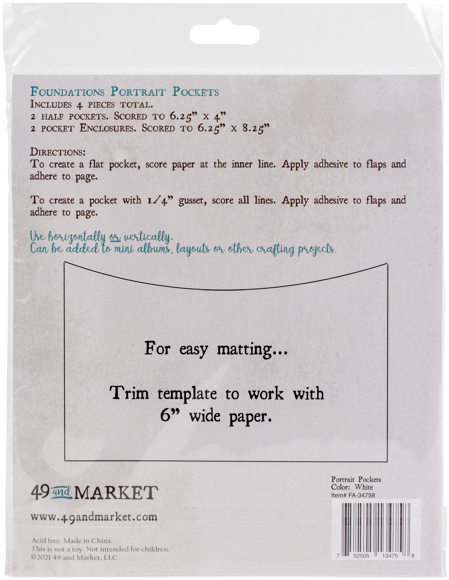 49 and Market Foundations Portrait Pockets WHITE 4pc Scrapbooksrus