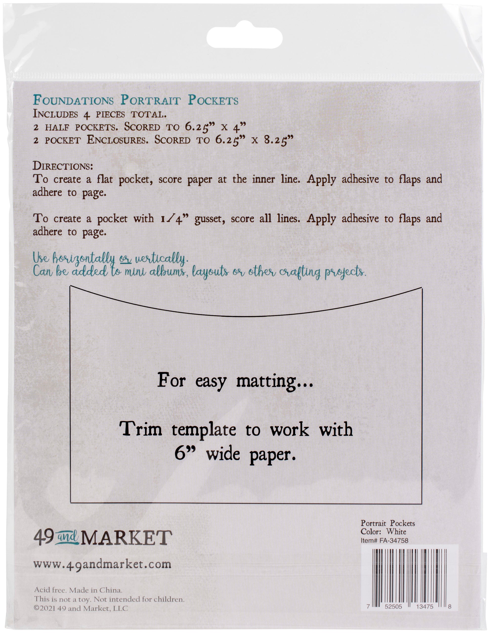49 and Market Foundations Portrait Pockets WHITE 4pc Scrapbooksrus