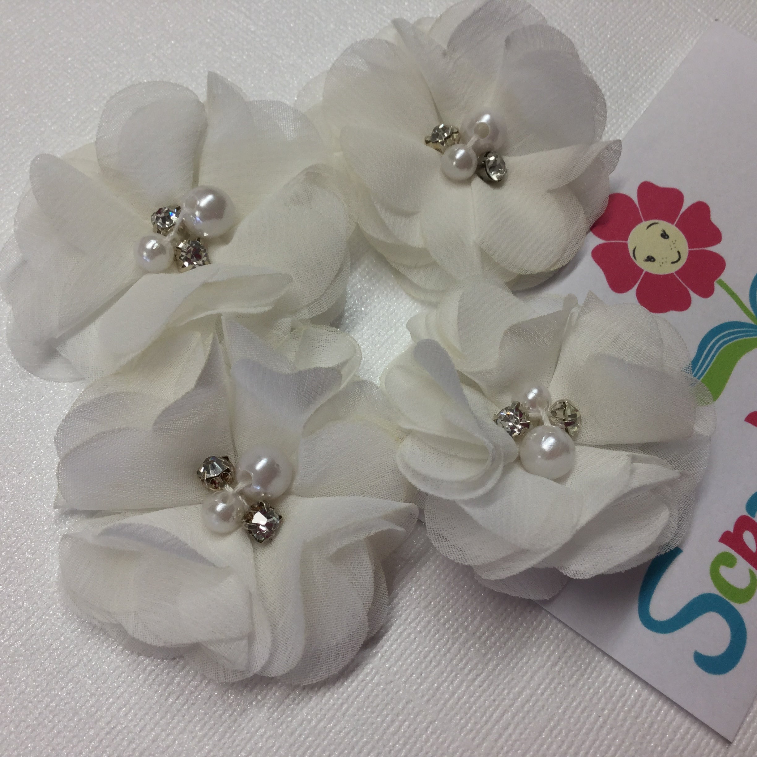 Chiffon Fabric Flowers WHITE with Pearl & Rhinestone Centers 4pc Scrapbooksrus