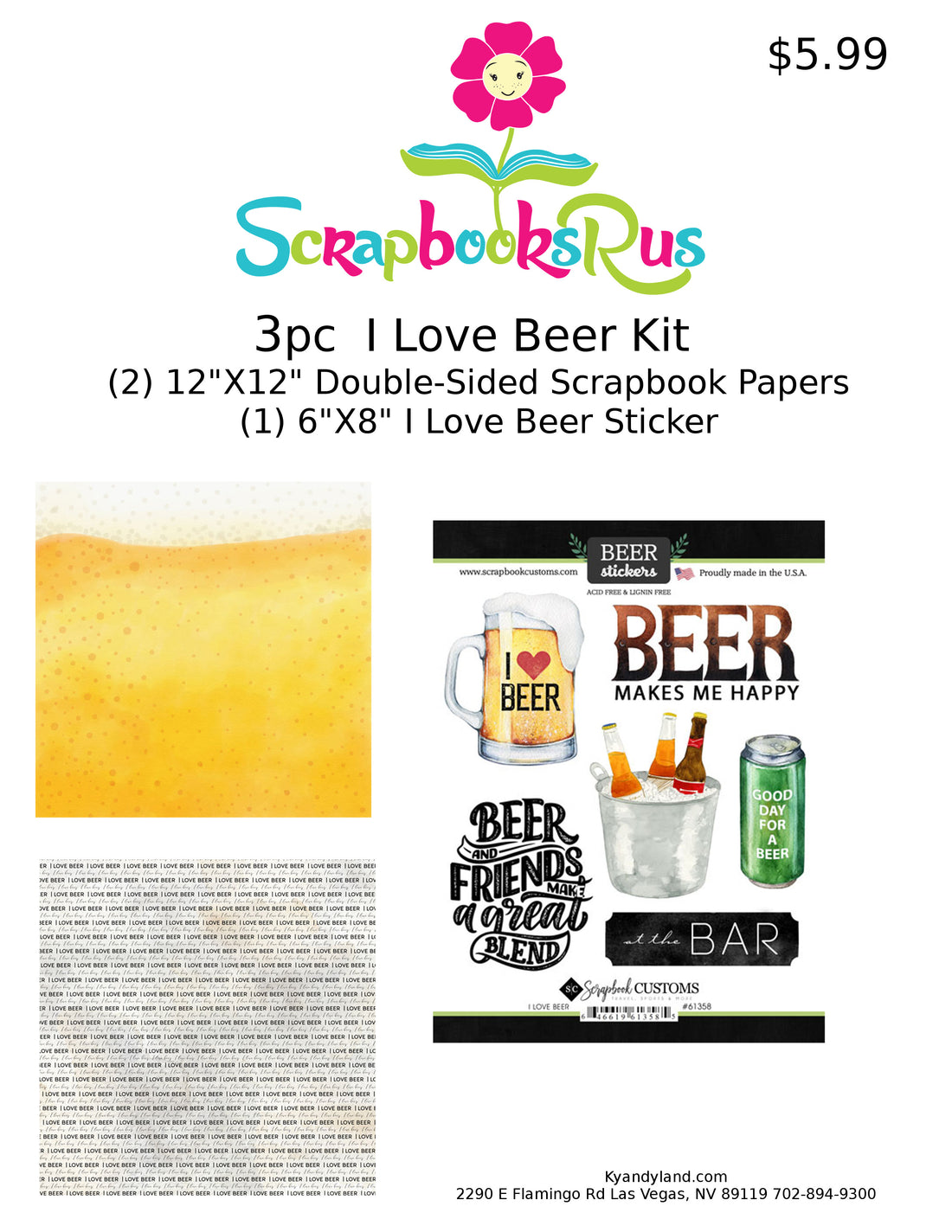 I LOVE BEER Kit 12&quot;X12&quot; Scrapbook Paper Stickers 3pc Scrapbooksrus 