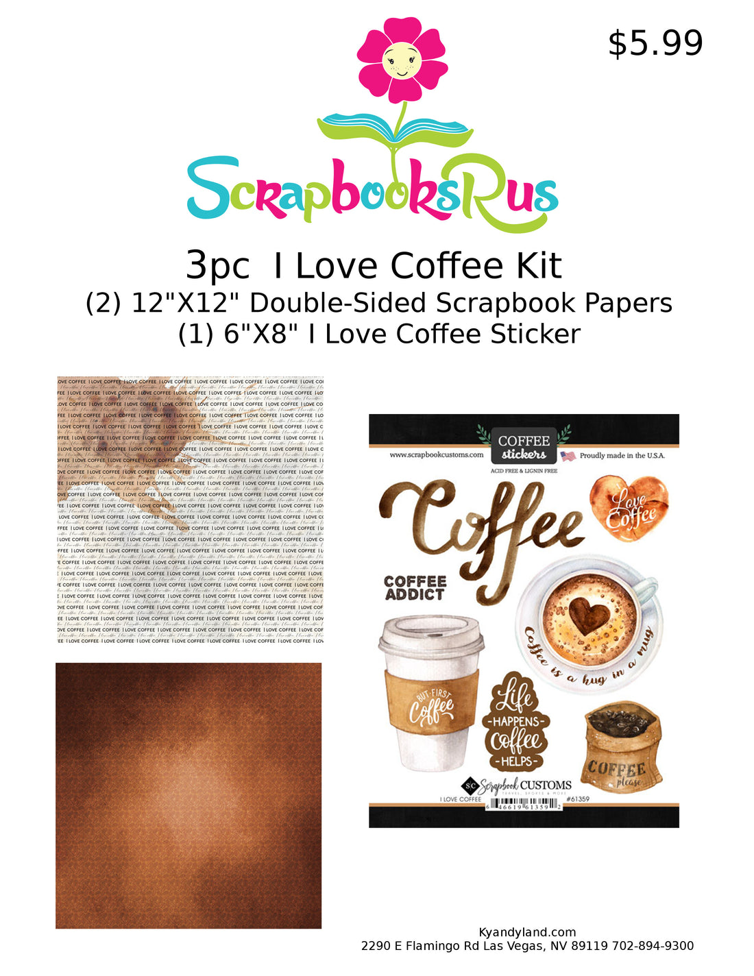 I LOVE COFFEE Kit 12&quot;X12&quot; Scrapbook Paper Stickers 3pc Scrapbooksrus 
