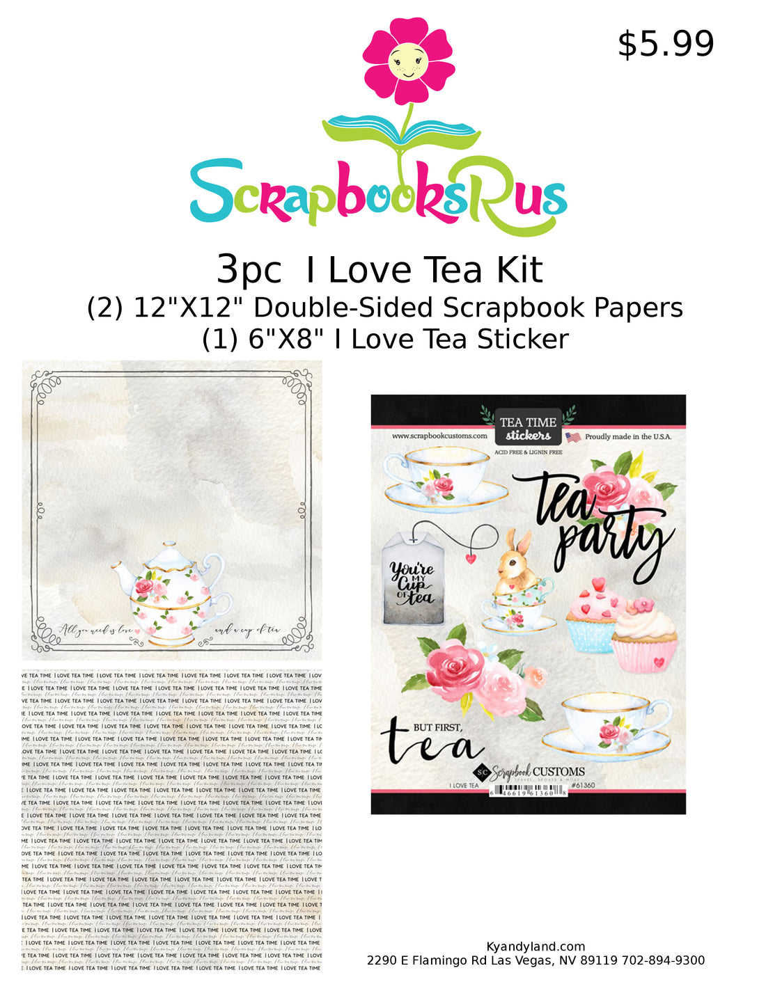 I LOVE TEA Kit 12&quot;X12&quot; Scrapbook Paper Stickers 3pc Scrapbooksrus 