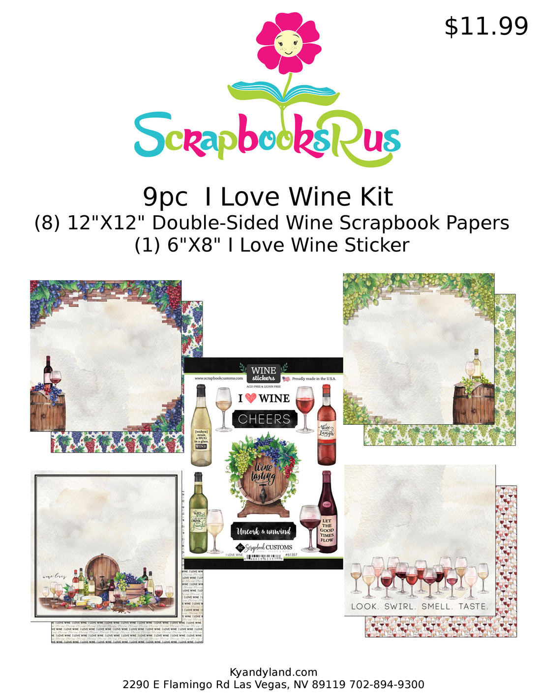I LOVE WINE Kit 12&quot;X12&quot; Scrapbook Paper Stickers 9pc Scrapbooksrus 
