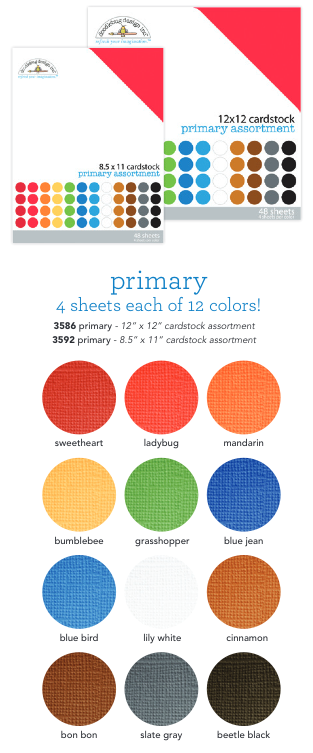 Doodlebug Cardstock PRIMARY ASSORTMENT 8.5”X11” 48pc Discontinued