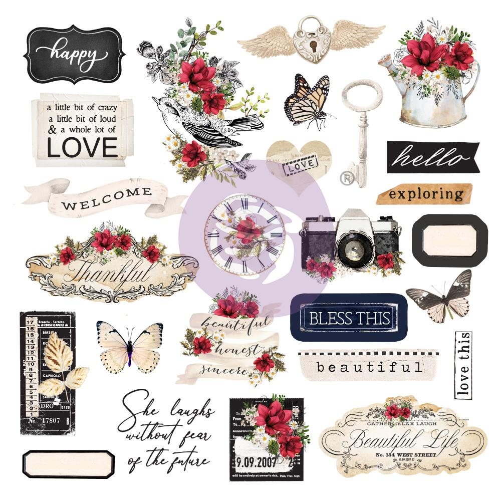 Prima MAGNOLIA ROUGE EPHEMERA Shapes Tags Foil 52pc
