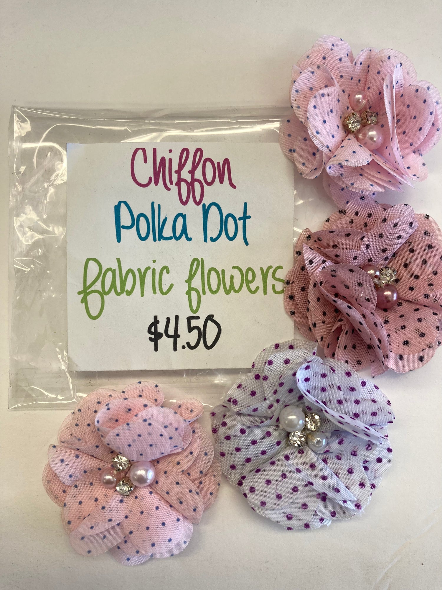 Chiffon POLKA DOT Fabric Flowers with Pearl & Rhinestone Centers 4pc