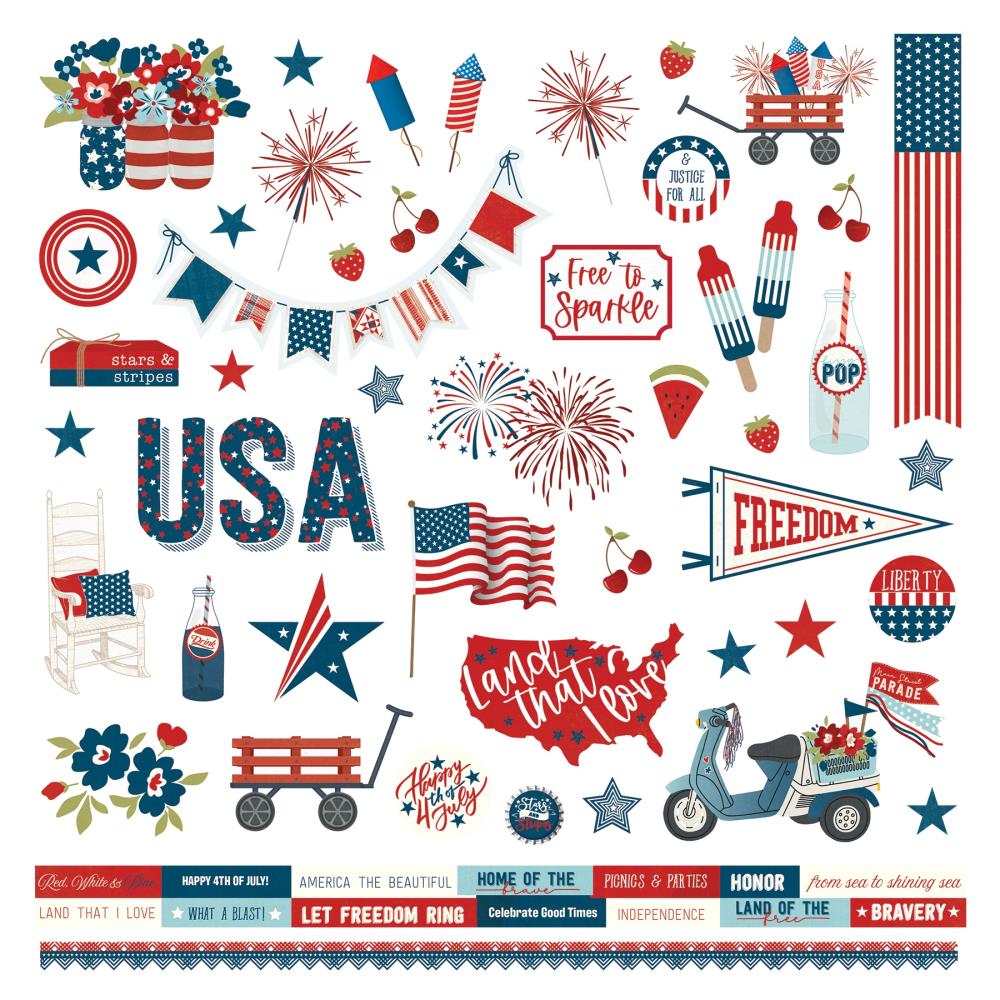 PhotoPlay STARS & STRIPES Element Stickers 12”X 12” 63 pc Scrapbookrus