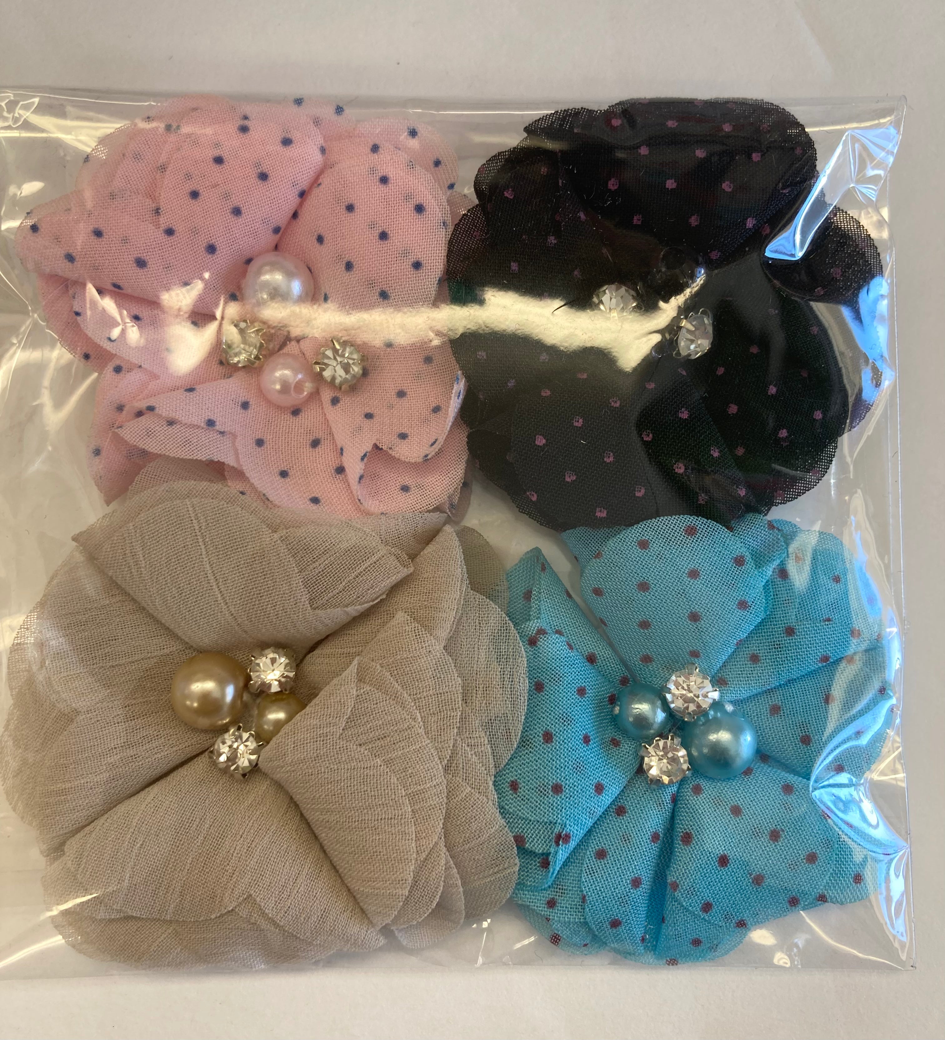 Chiffon POLKA DOT Fabric Flowers with Pearl & Rhinestone Centers 4pc
