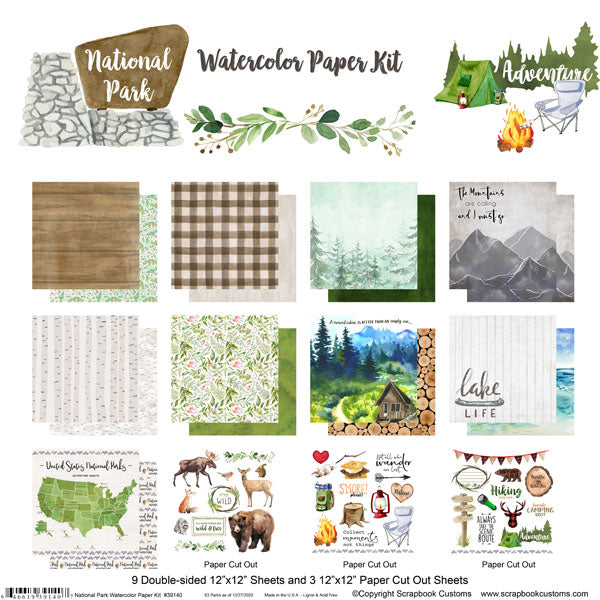 NATIONAL PARK WATERCOLOR KIT (12) 12"X12" Scrapbook Papers