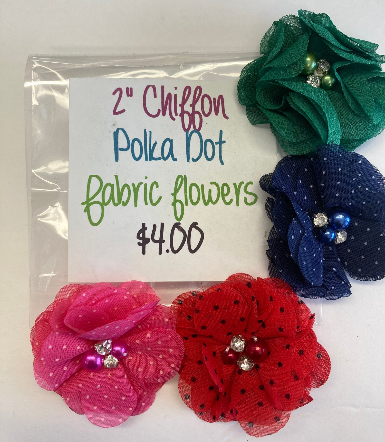 Chiffon POLKA DOT Fabric Flowers with Pearl & Rhinestone Centers 4pc