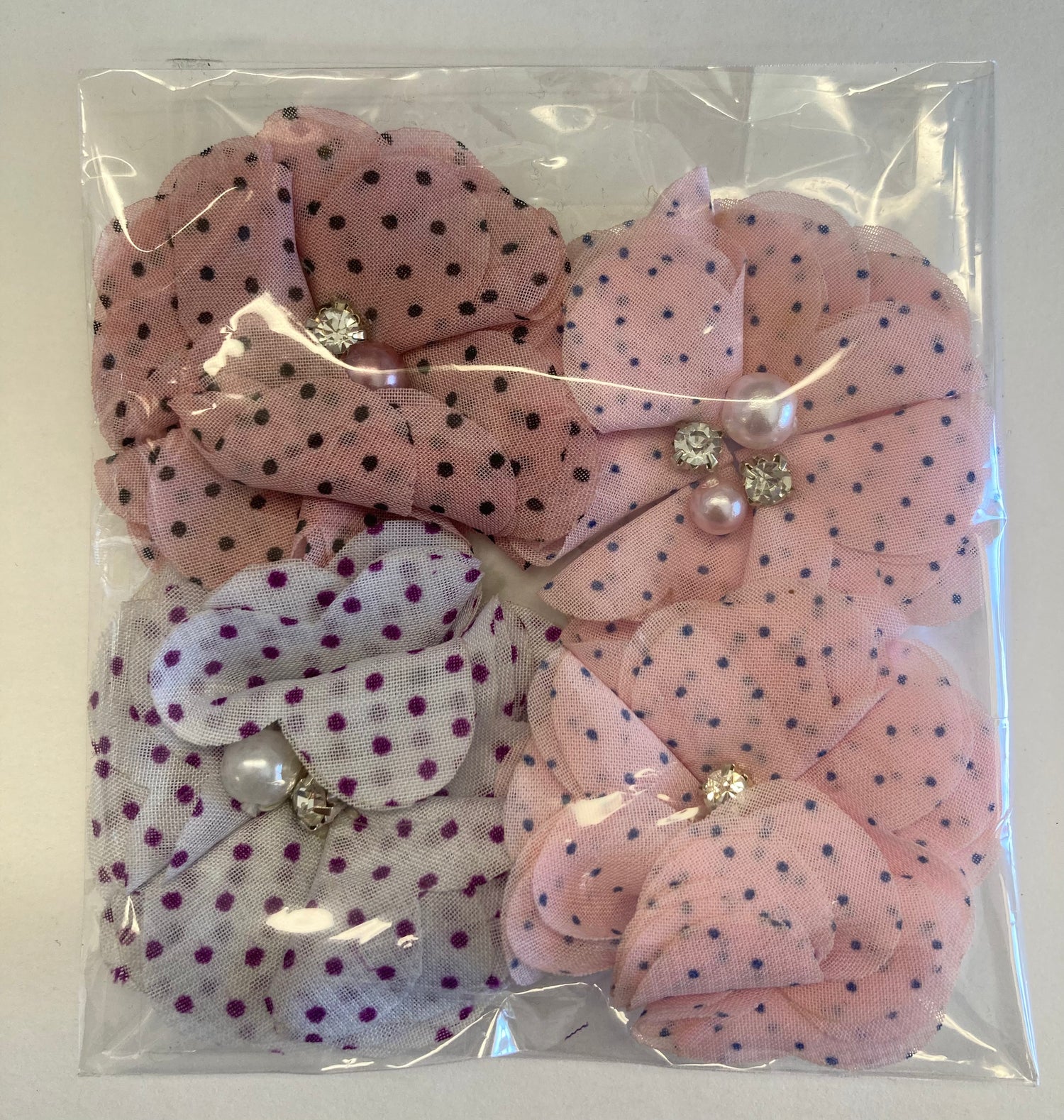 Chiffon POLKA DOT Fabric Flowers with Pearl & Rhinestone Centers 4pc