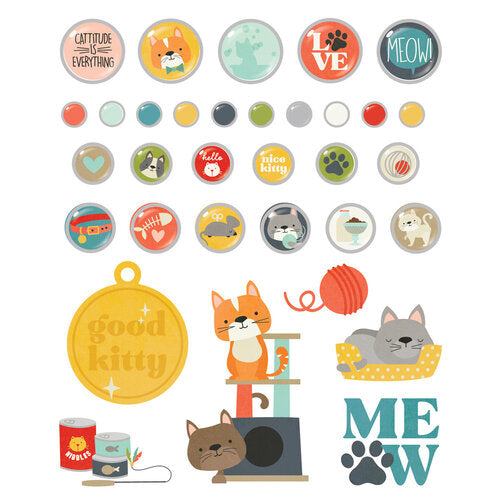 Simple Stories Pet Shoppe CAT Decorative BRADS & CHIPBOARD Pieces 27pc
