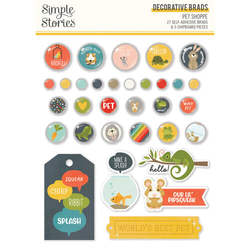 Simple Stories Pet Shoppe Decorative BRADS & CHIPBOARD Pieces 27pc