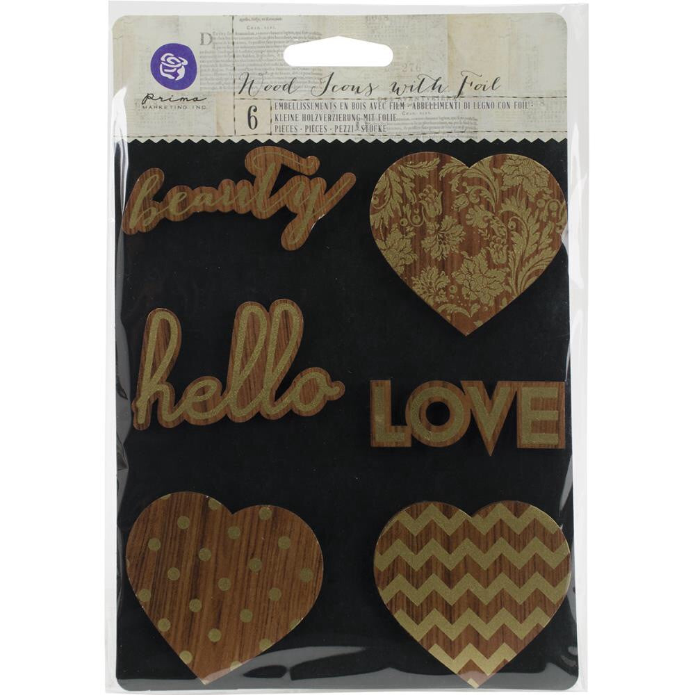 Prima HEARTS & PHRASES Wooden Icons With Foil 6pc - Scrapbook Kyandyland
