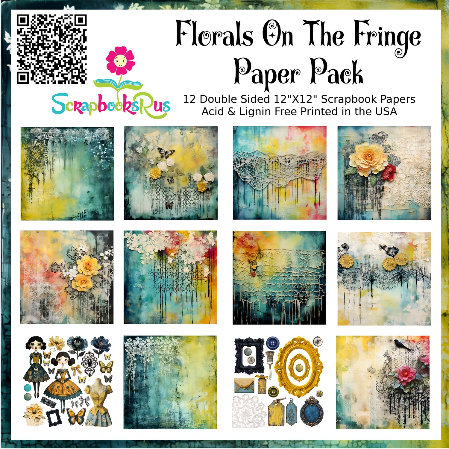 Scrapbooksrus FLORALS ON THE FRINGE PACK 12pc 12"X12" Scrapbook Paper
