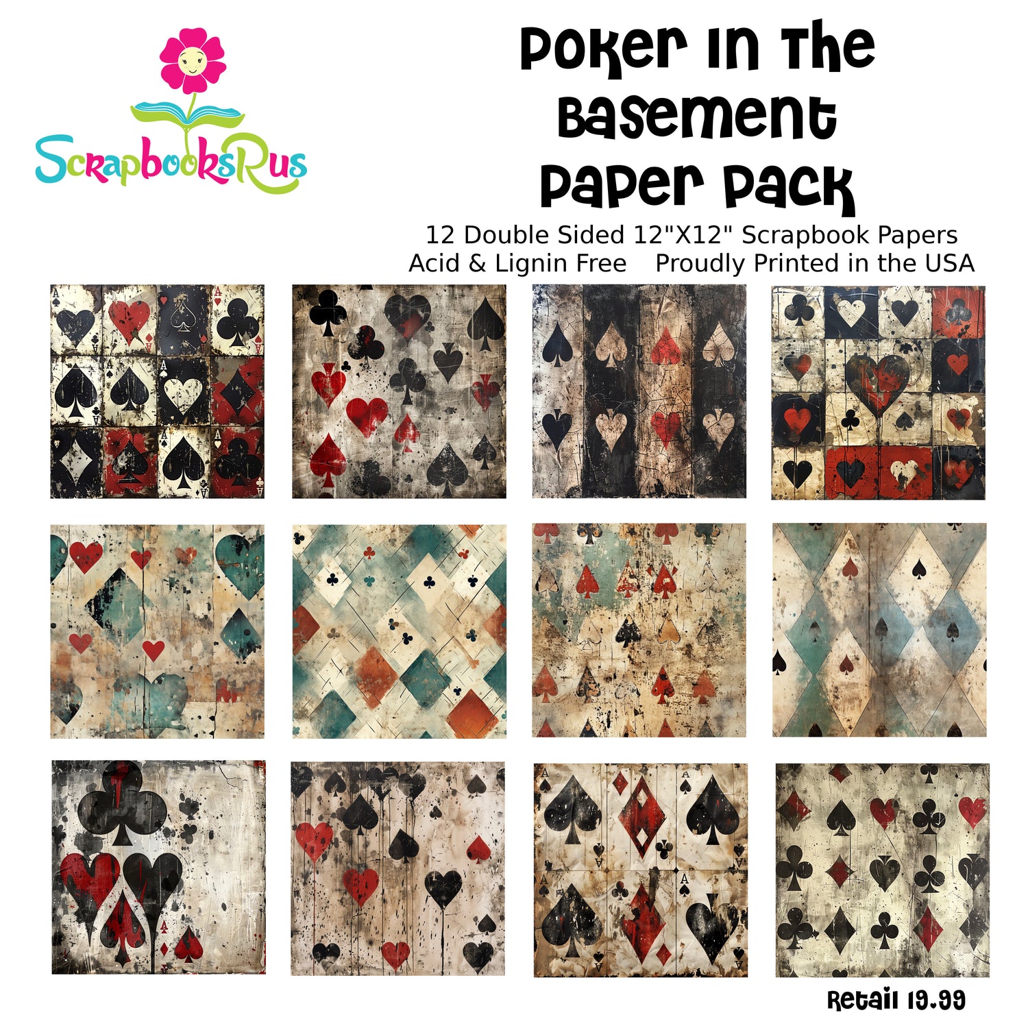 Scrapbooksrus POKER IN THE BASEMENT PACK 12pc 12&quot;X12&quot; Scrapbook Paper