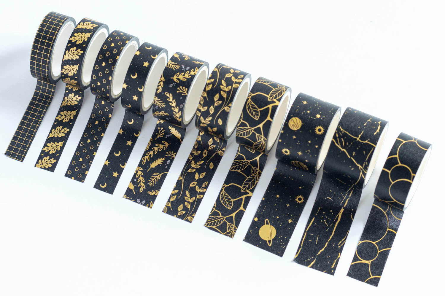 Assorted BLACK WITH GOLD FOIL WASHI TAPE Decorative 10pc