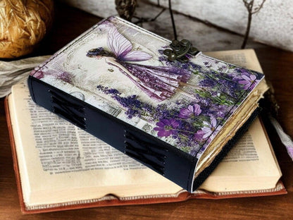 Soft Leather Journal Grimoire LAVENDER FAIRY Blank Lock A7