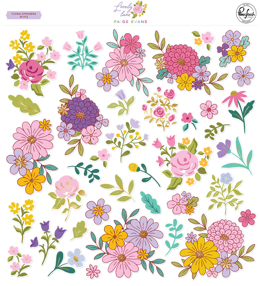 Pinkfresh Paige Evans LOVELY LANE Floral Ephemera 38pc