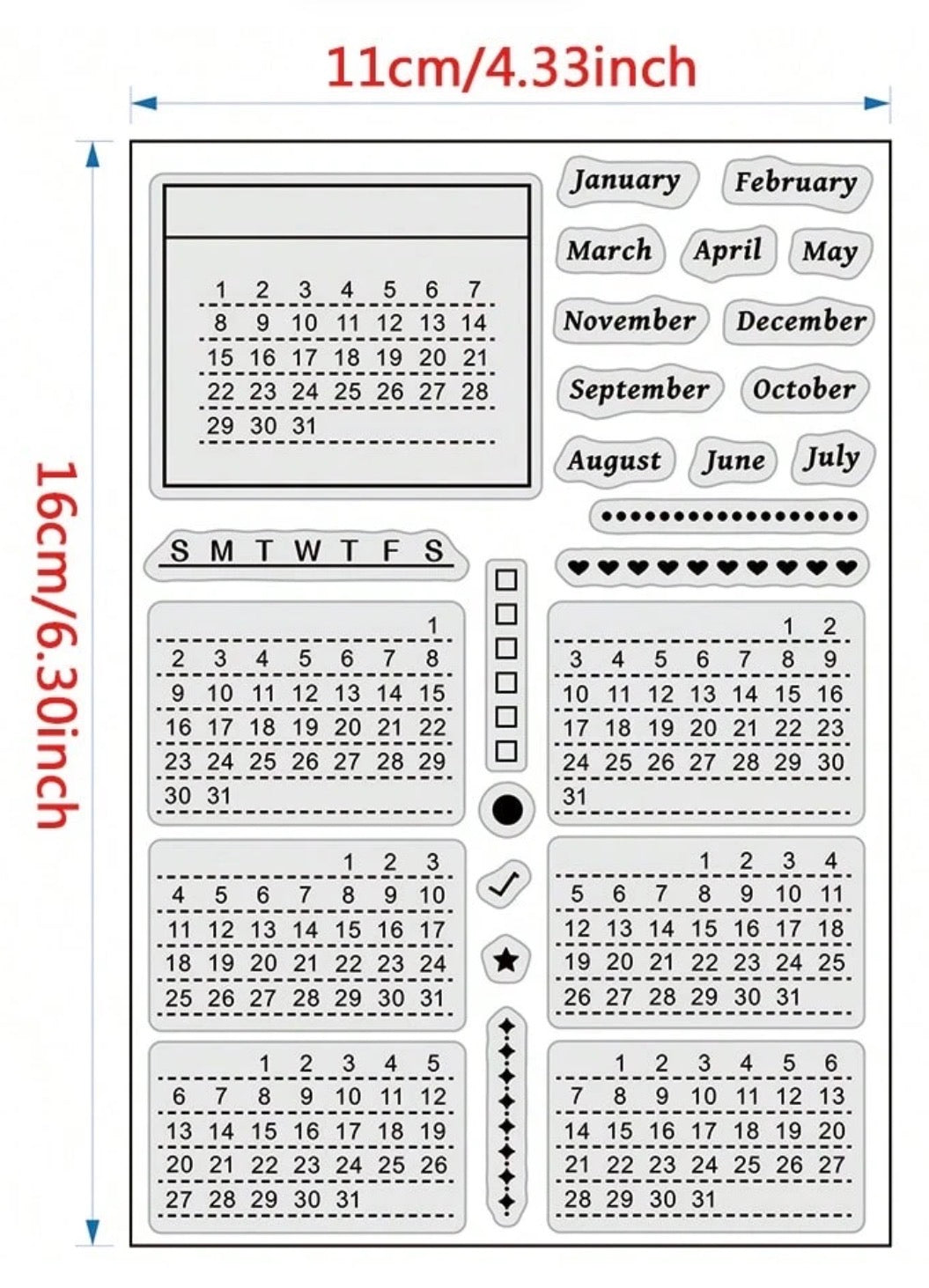 Small Stamps MINI CALENDAR Clear Stamps 27pc