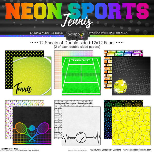 NEON SPORTS TENNIS KIT 12&quot;X12&quot; Scrapbook Paper 12 Sheets