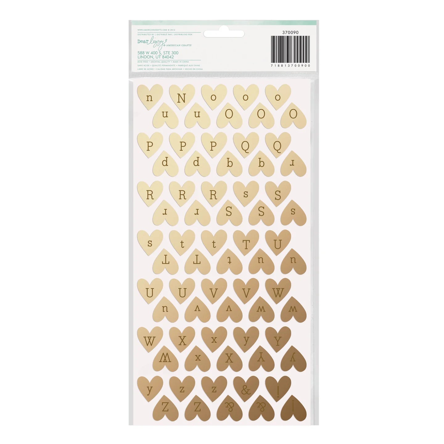 Thickers Dear Lizzy Fine Dandy SPARKLING Gold Heart Chipboard Foil Letter Stickers
