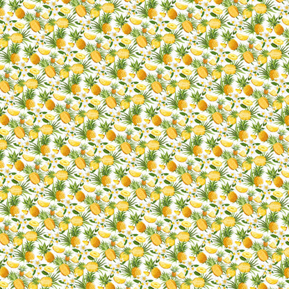 Pattern of yellow pineapples and green leaves on a white background