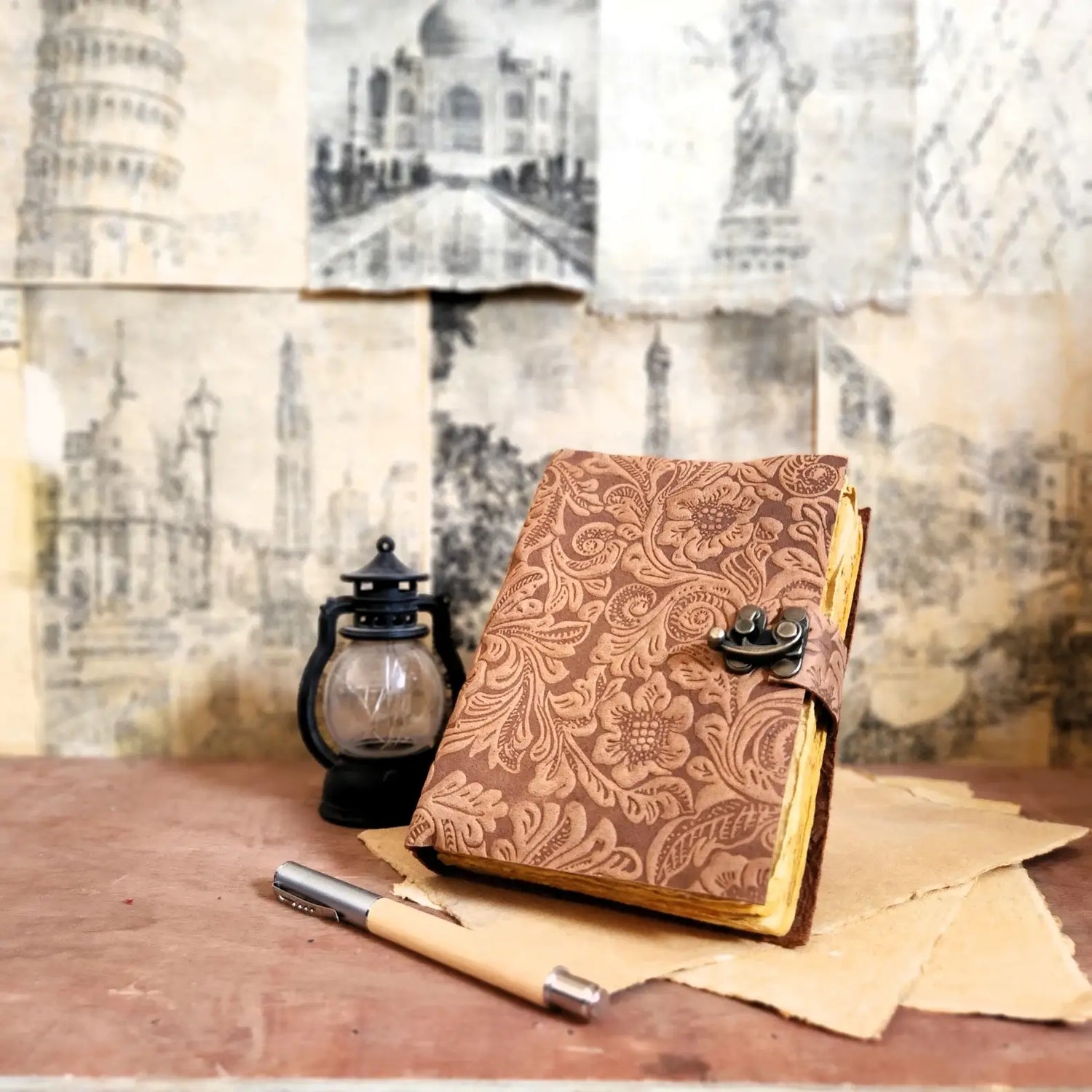 Soft Leather Journal PAISLEY FLORAL Handmade Brown Lock Diary A7