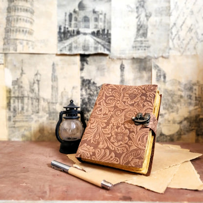 Soft Leather Journal PAISLEY FLORAL Handmade Brown Lock Diary A7