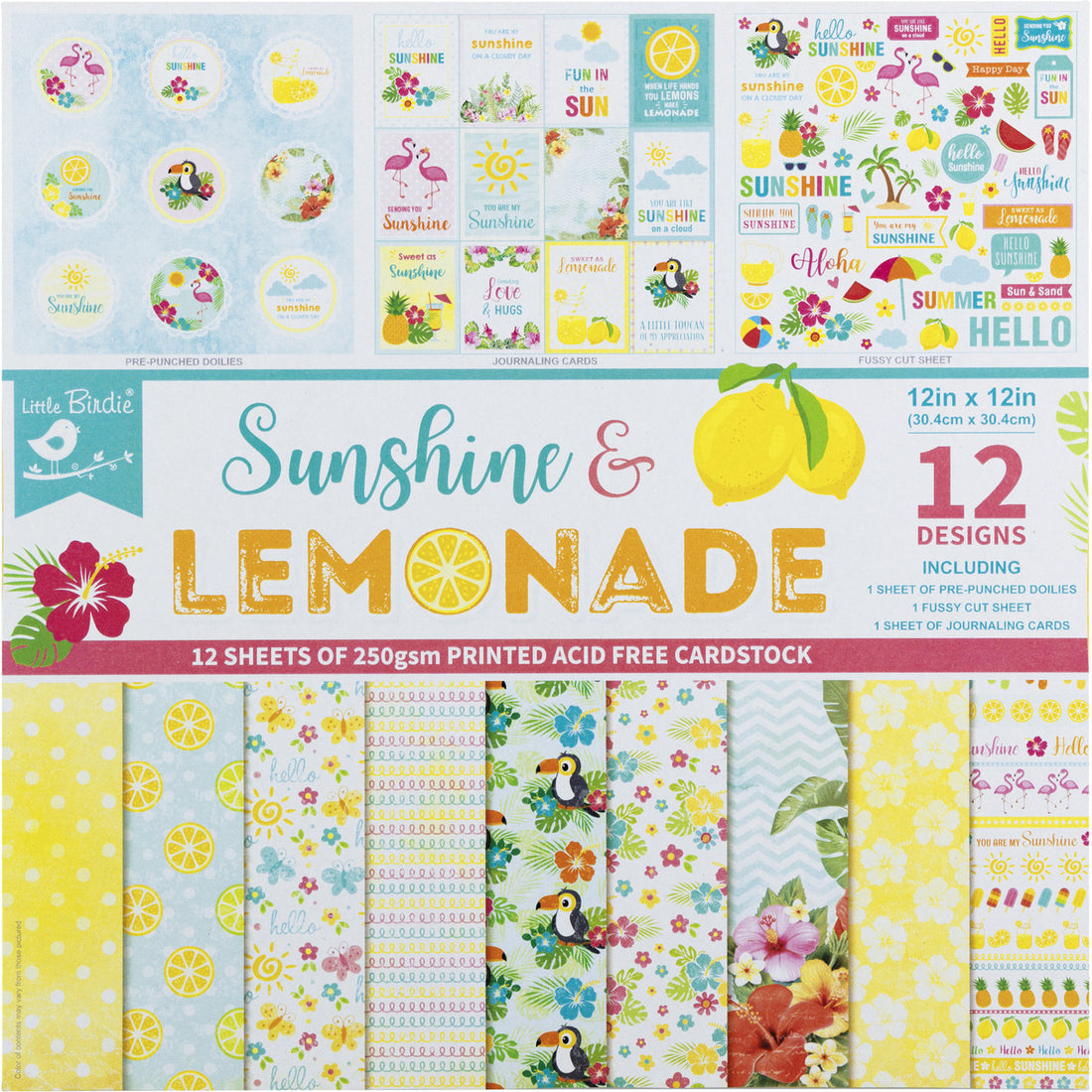 Little Birdie SUNSHINE &amp; LEMONADE 12”X12” Cardstock Pack