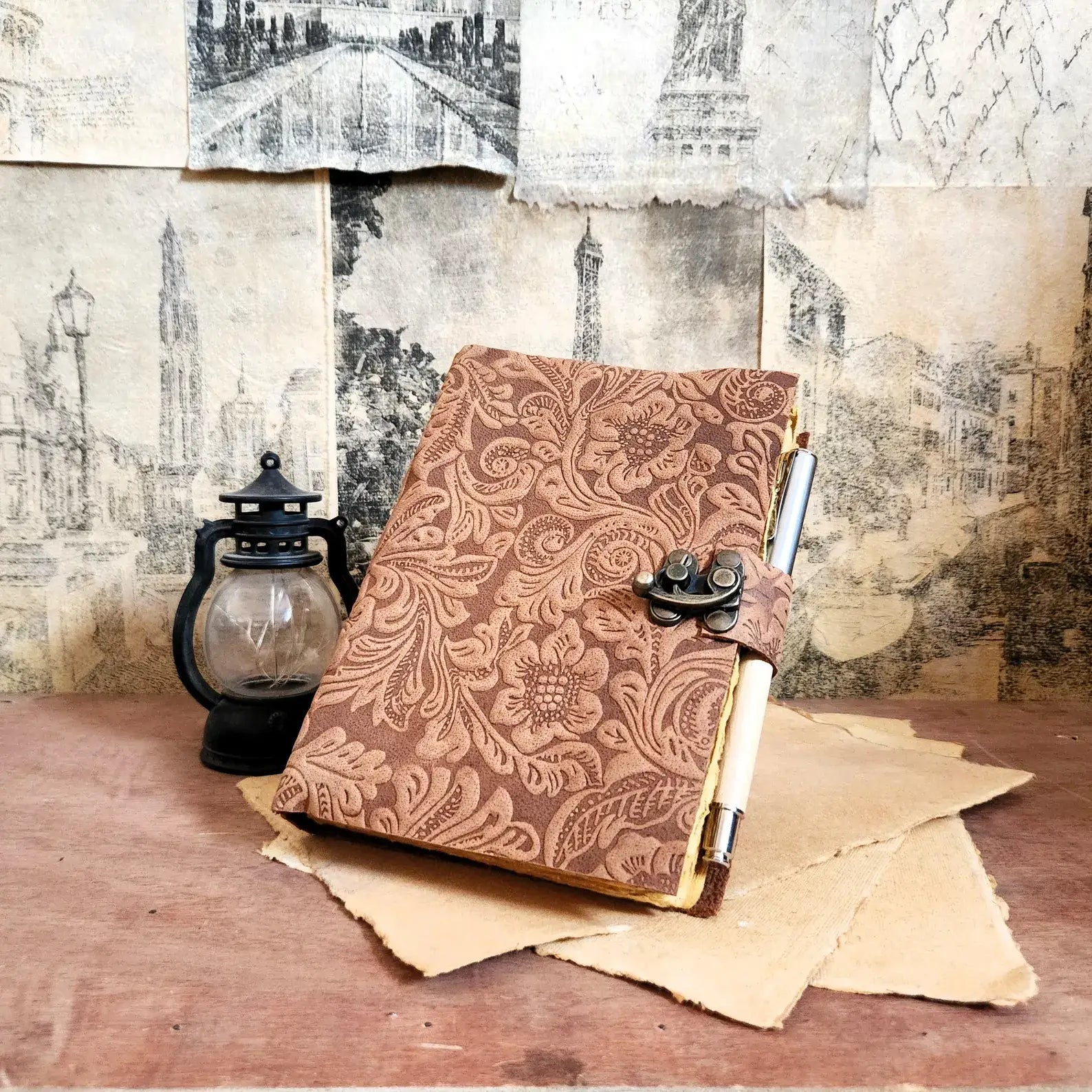 Soft Leather Journal PAISLEY FLORAL Handmade Brown Lock Diary A7