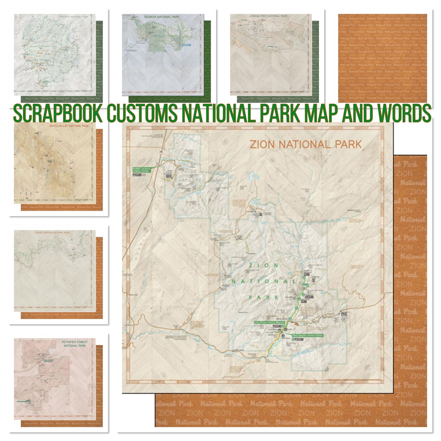 Scrapbook Customs NATIONAL PARK MAP AND WORDS 12&quot;X12&quot; Scrapbook Paper