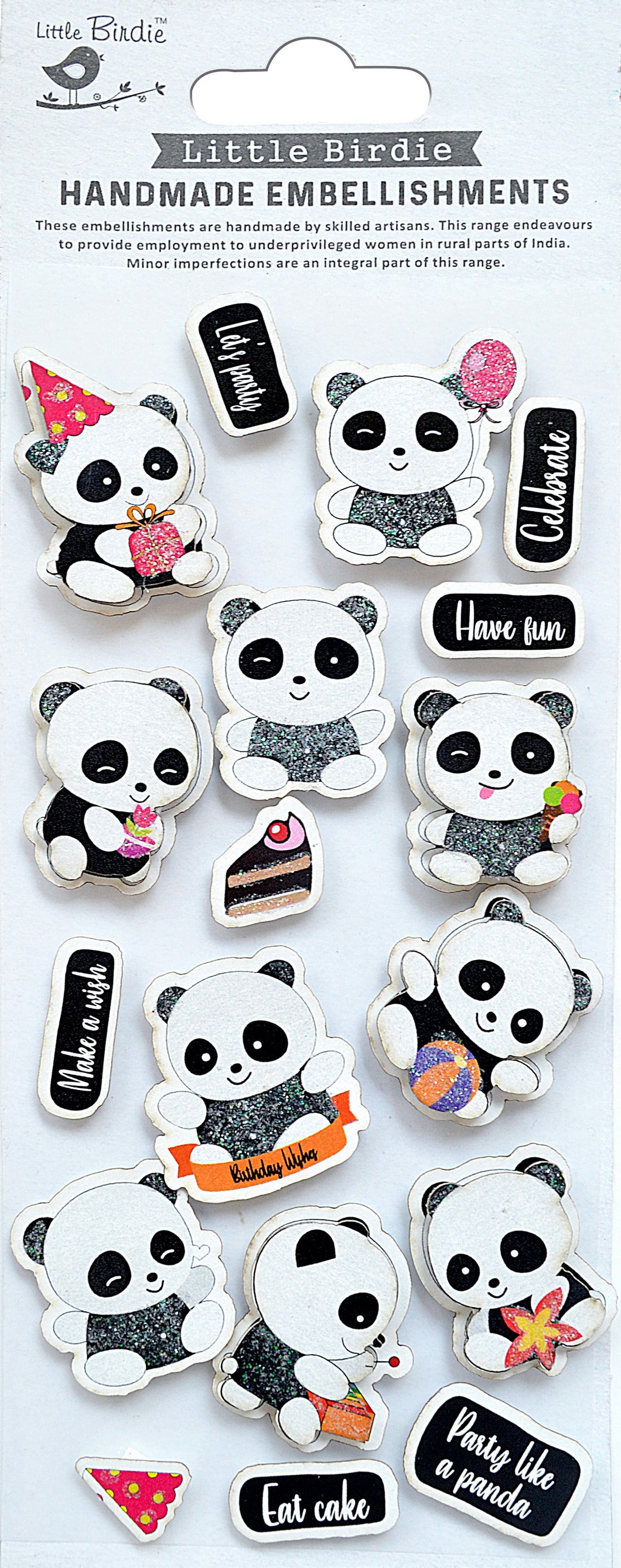 Little Birdie PANDA PARTY Handmade Embellishments 18PCS