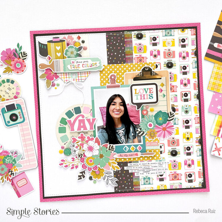 Scrapbooking layout with colorful elements and a photo of a woman, featuring the brand &