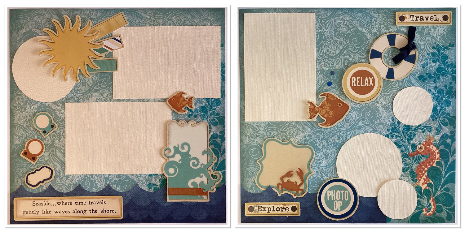 Premade SEASIDE EXPLORE (2) 12”X12” Scrapbook Pages