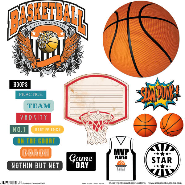 Scrapbook Customs BASKETBALL ELEMENTS Sticker Cut Outs  12"X12"