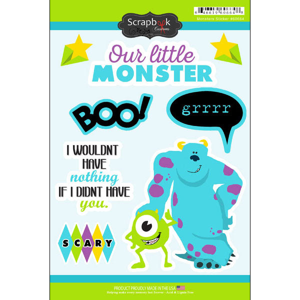 Scrapbook Customs MONSTERS STICKER Disney Pixar 8pc