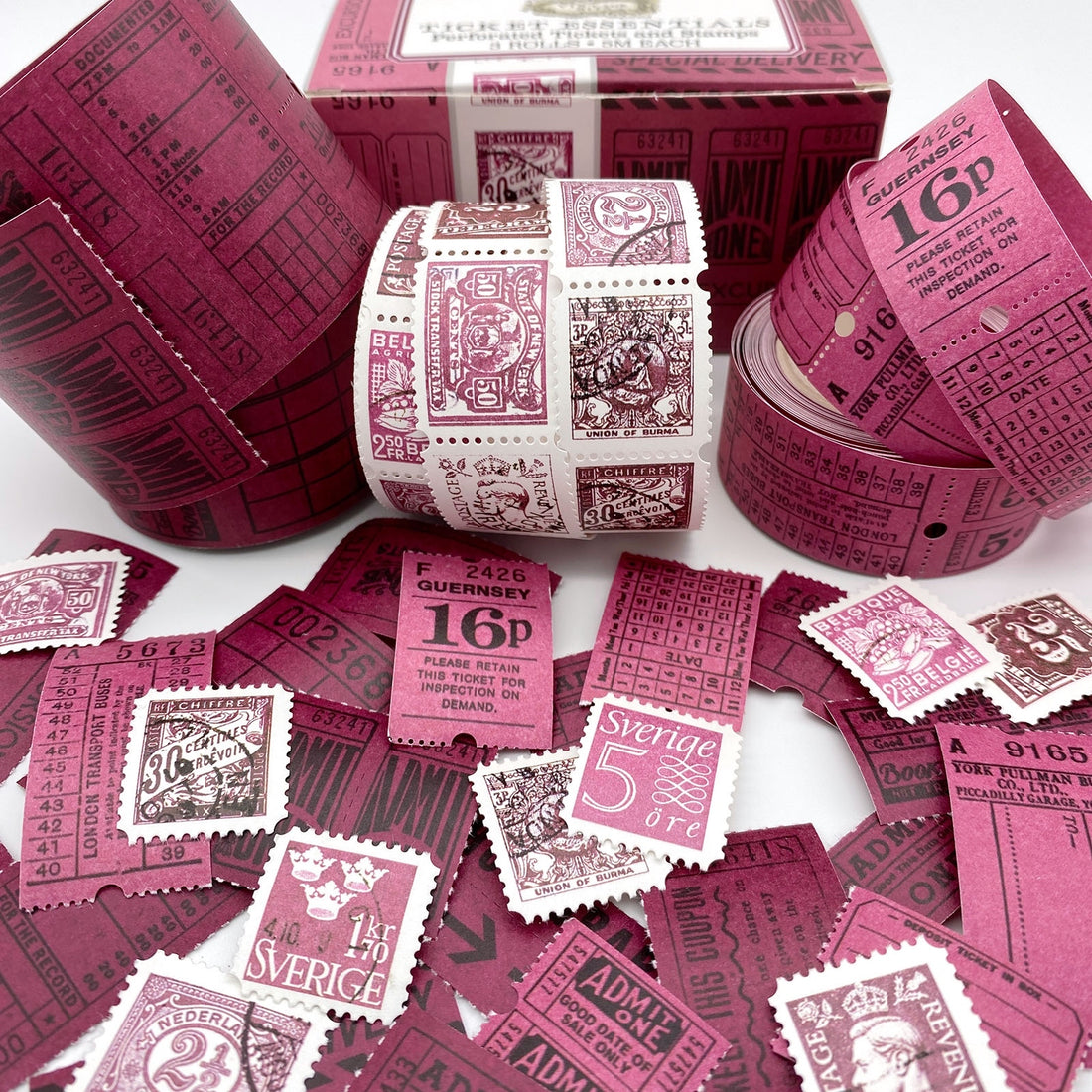 49 and Market Vintage Bits TICKET ESSENTIALS PLUM Perforated Tickets &amp; Stamps 3 Rolls @Scrapbooksrus