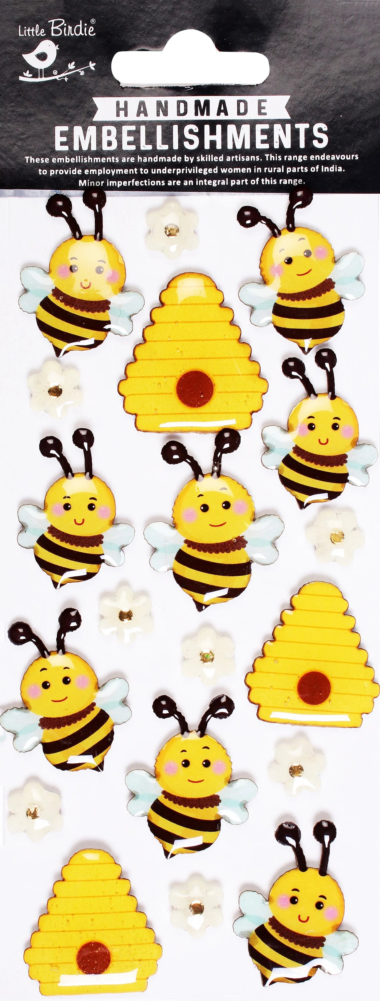 Little Birdie BEE COLONY RESIN Stickers Handmade Embellishments 19pc