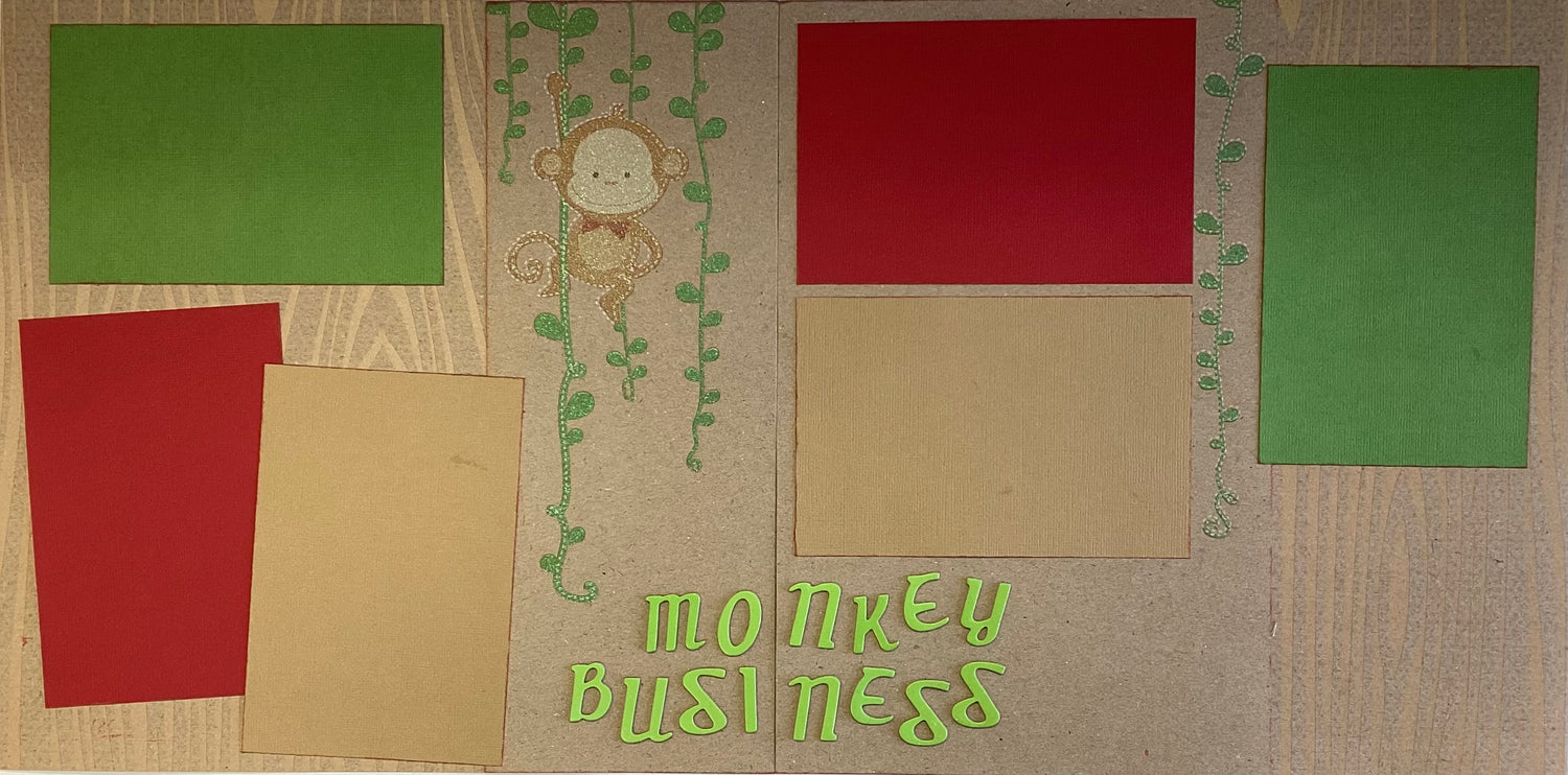 Premade MONKEY BUSINESS (2) 12”X12” Scrapbook Pages