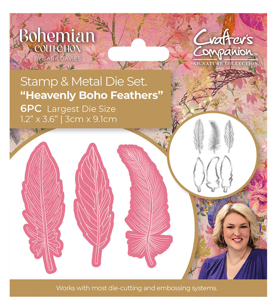 Crafters Companion HEAVENLY BOHO FEATHERS Bohemian Stamp and Die Set