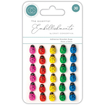 Craft Consortium The Essential WOODEN BUGS Adhesive Embellishments 30pc