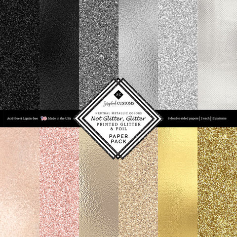 NEUTRAL METALLIC COLORS Not Glitter, Glitter 6”x6” Paper Pack Scrapbook Customs