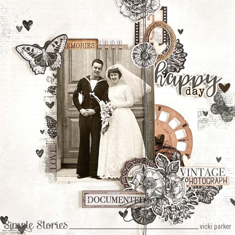 Vintage wedding photo with decorative elements and text on a white background