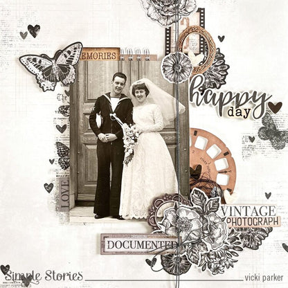 Vintage wedding photo with decorative elements and text on a white background