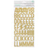 Packaging of gold glittery letter stickers on a white background