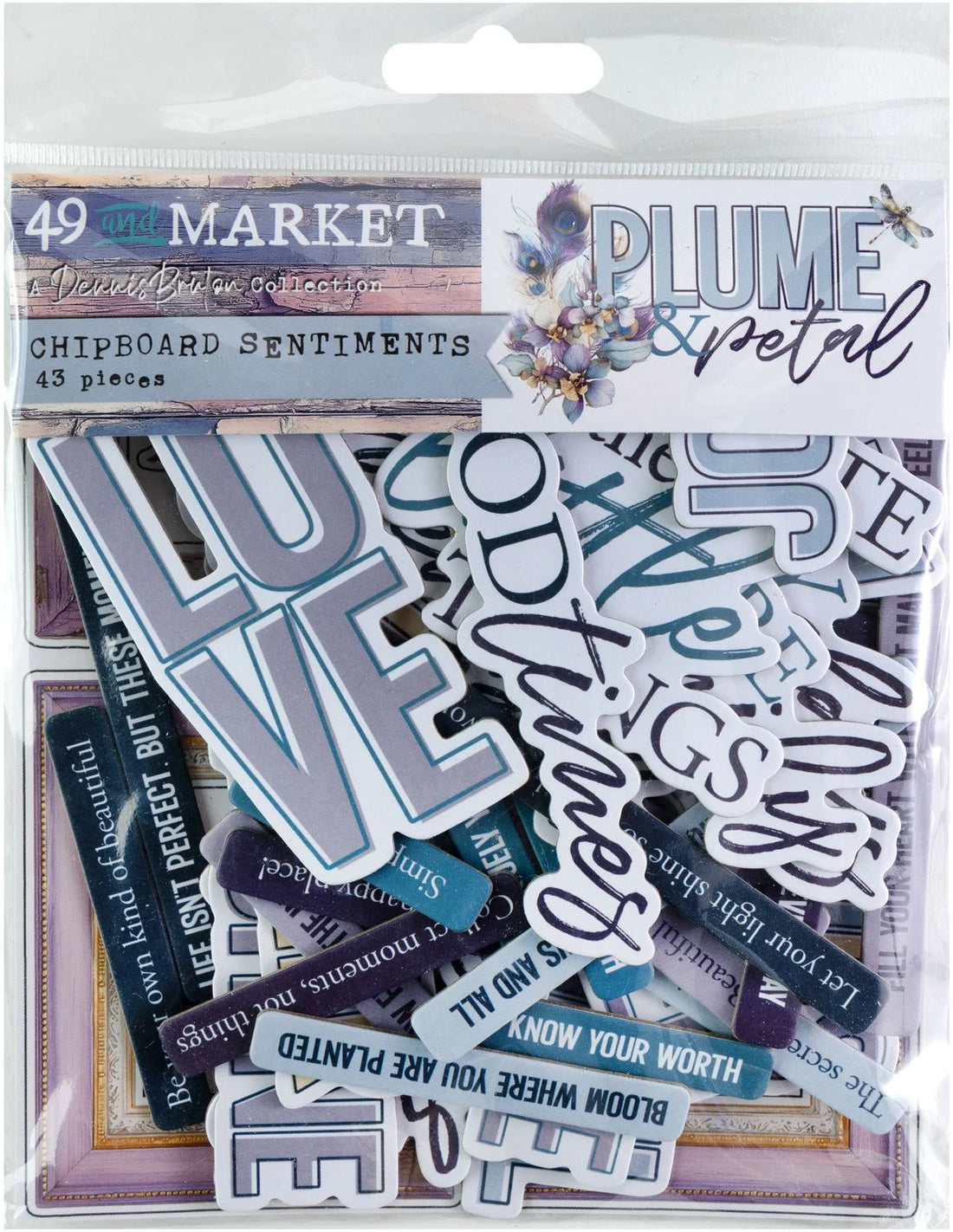 49 and Market PLUME &amp; PETAL Chipboard Sentiments 43pc